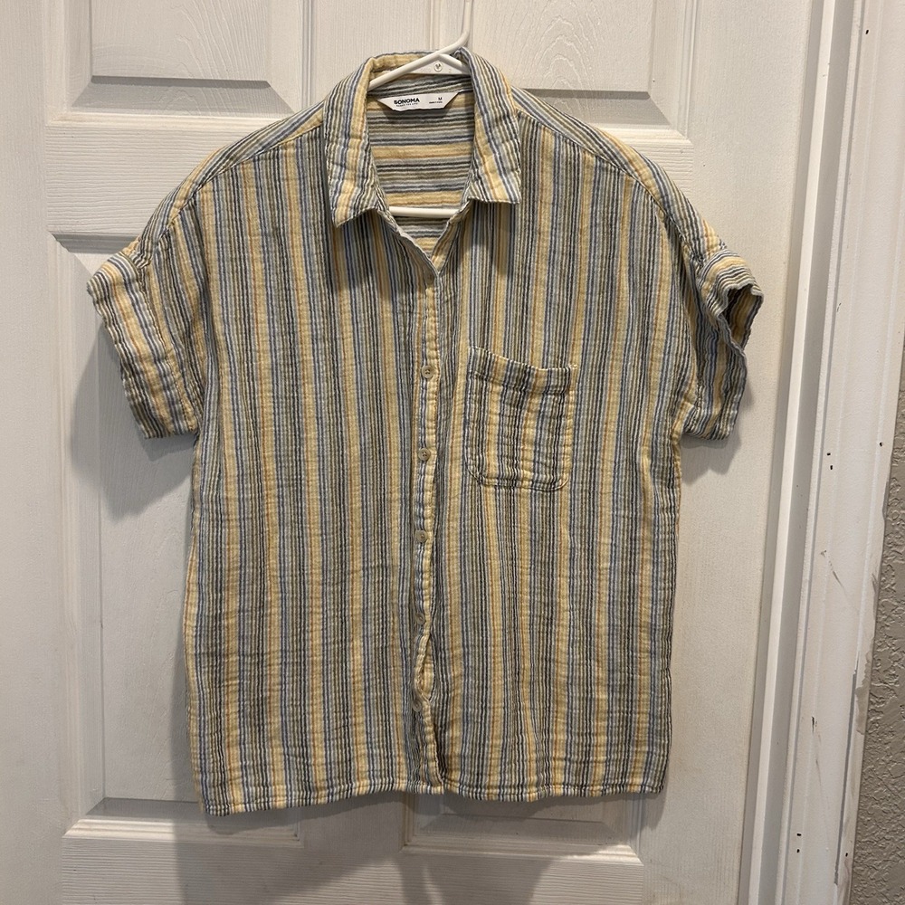 Sonoma Goods For Life Womens Medium Yellow Blue Striped Cotton Button Up Shirt